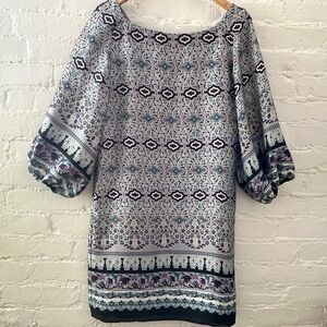 Allen Schwartz Womens Shift Dress Gray Purple Printed Balloon Sleeves Lined Sz 4